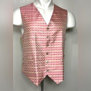 VINTAGE PINK CHECK SILK FAVOURBROOK LONDON WAISTCOAT CLASSIC V-NECK VEST 40 US